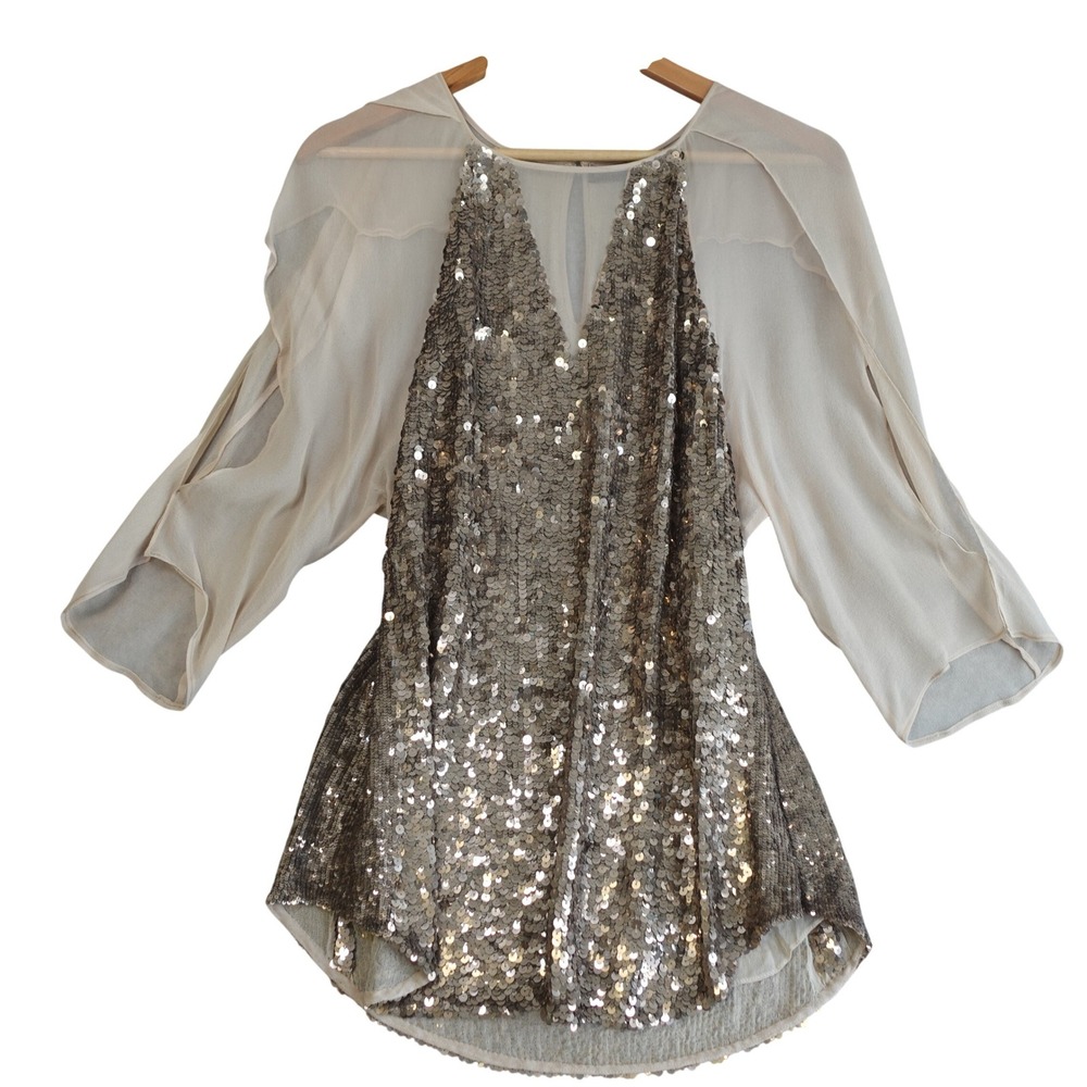 Rohit Gandhi Top Large Gold Cream Sheer Silk Sequin Boho Fairy Glam Party‎ Y2K